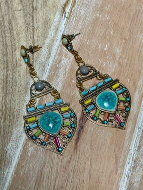 Gold-Tone Multicolor Teardrop Earrings with Turquoise Center
